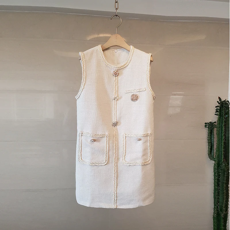 and autumn winter new ladies loose a word personality button tweed sleeveless dress