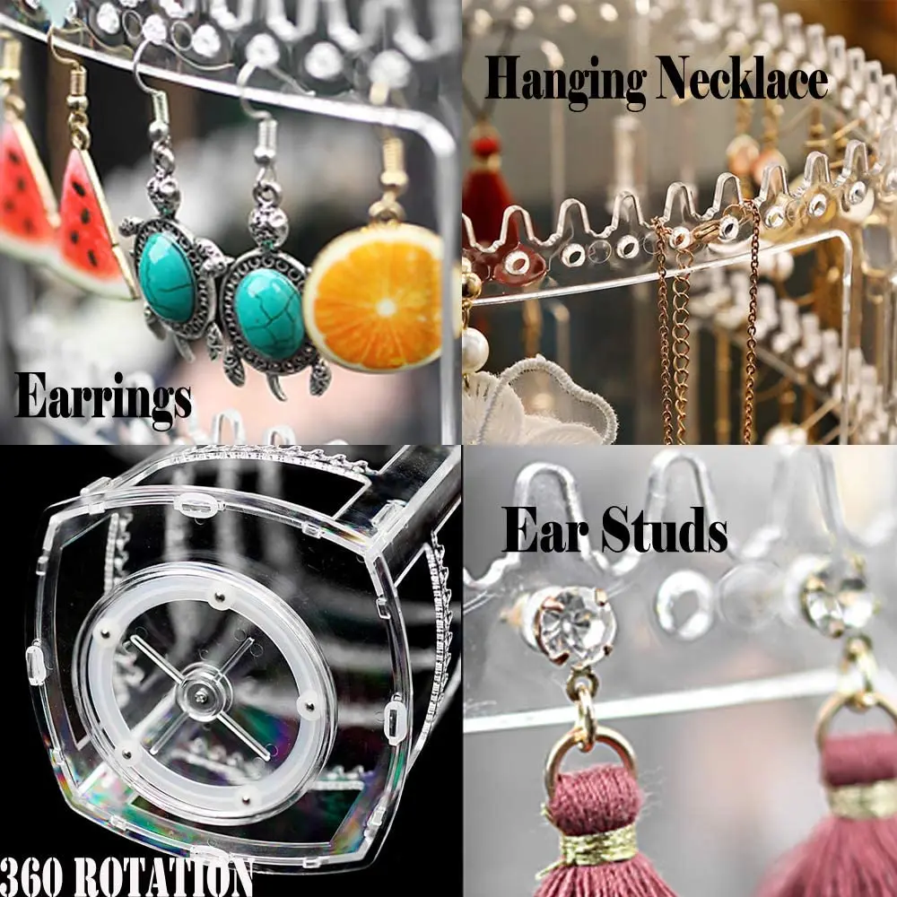 360 Rotating Earring Holder Stand Clear Earrings Organizer Acrylic Jewelry Storage Display Rack for Earrings Bracelets Necklaces