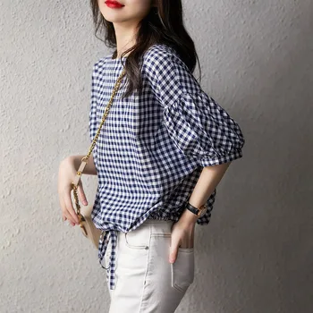 

Vintage Plaid Blouse Women 2020 Summer Fashion Causal Round Neck Half Sleeve Lace-Up Female Tops Korean Girl's Sweet Shirts