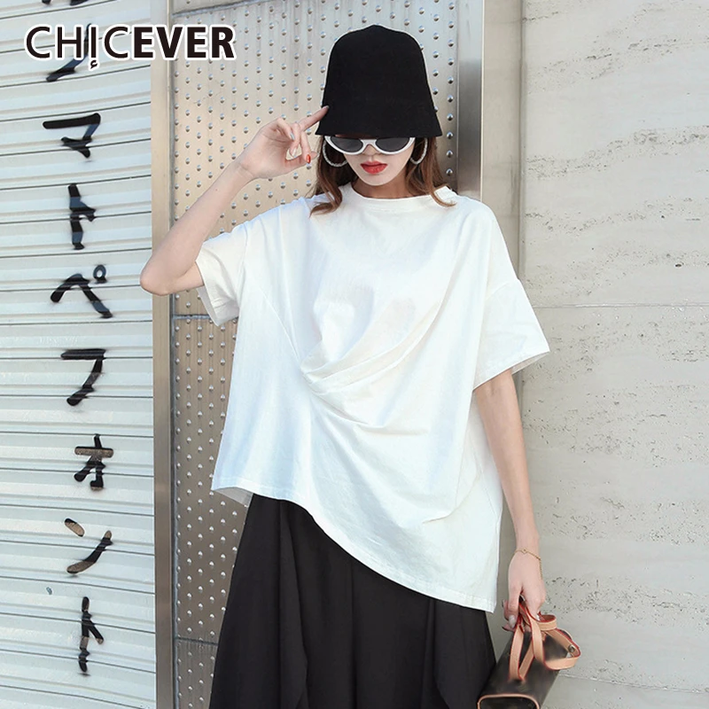 CHICEVER Асимметричная футболка для женщин с круглым вырезом и коротким рукавом