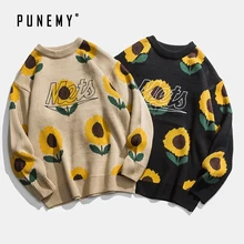 Мужские свитера в стиле ретро, с рисунком подсолнуха, с круглым вырезом, акриловые, большие размеры, в стиле хип-хоп, уличная одежда, Harajuku, пуловер, Осенние новые мужские свитера