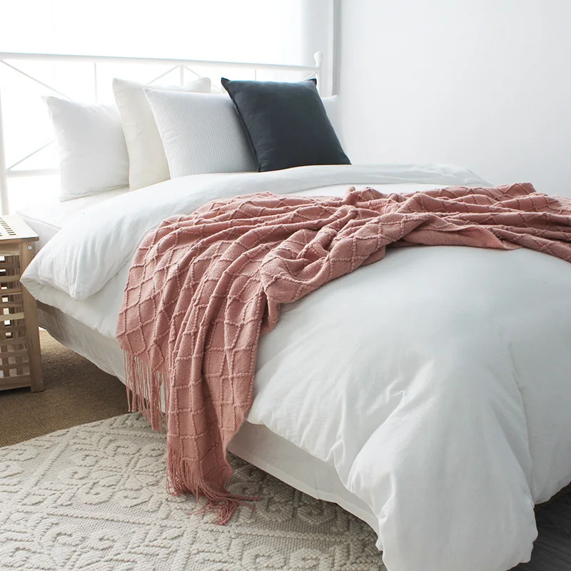 Nordic American Style Pure Color Grid Sofa Blanket Living Room Decorations Green Tassels Air Conditioning Blanket - Цвет: Pink