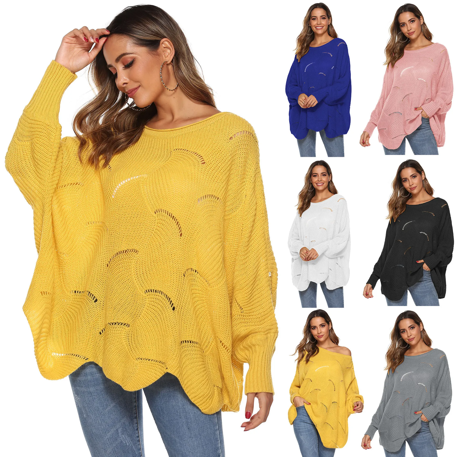 

Bohisen 2019 Women Fashion Sweater Irregular Loose Lantern Bat Sleeve Cutout Knitted Basic Jumper Pull Femme Casual Knitted