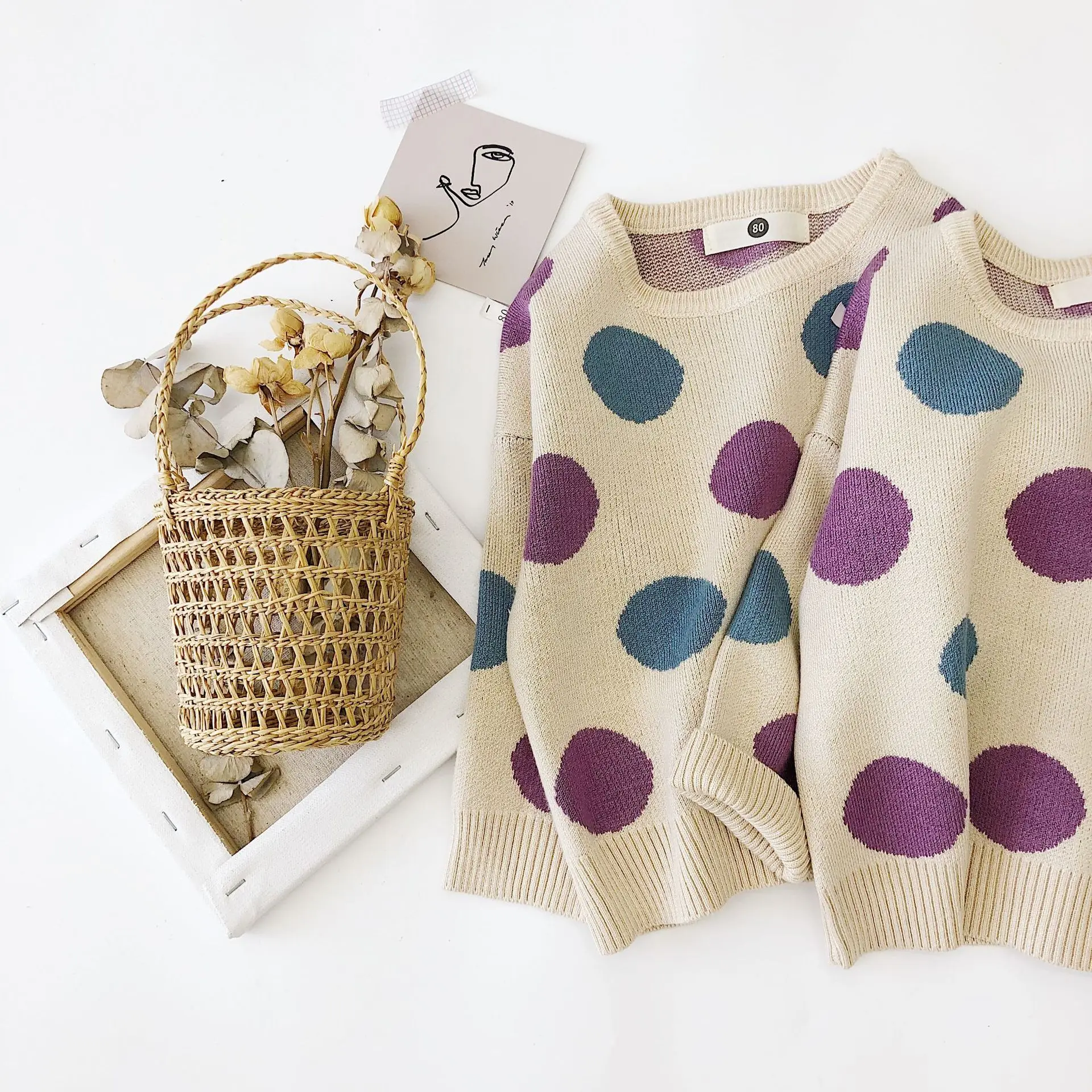 Chidl/осенний вязаный свитер для девочек корейский пуловер в горошек для малышей, свитер Детская Свободная одежда для отдыха Верхняя одежда для малышей