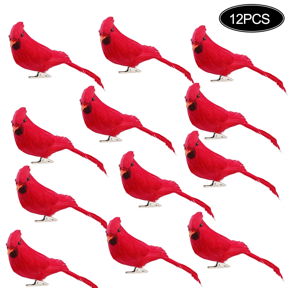 12 Pcs Simulation Feathers Birds White Red Handicraft Foam Fake Bird Clip On Christmas Tree Ornament Garden Decorations
