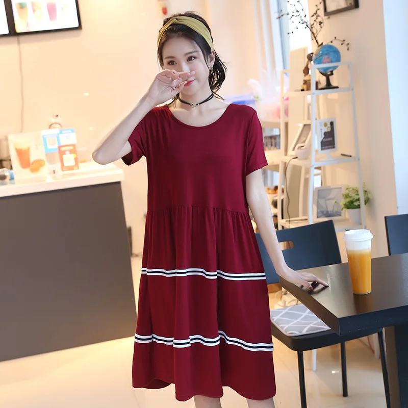 

2019 Summer New Style Modal Women's Large Size Loose-Fit Dress Crew Neck Short Sleeve Brace Hem Princess Skirt