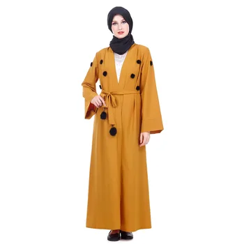 

Abaya Muslim Long Robe Women Fur Ball Lace-up Hijab Party Dress Jilbab Kaftan Islamic Clothing Dubai Arabian Outwear Dresses New