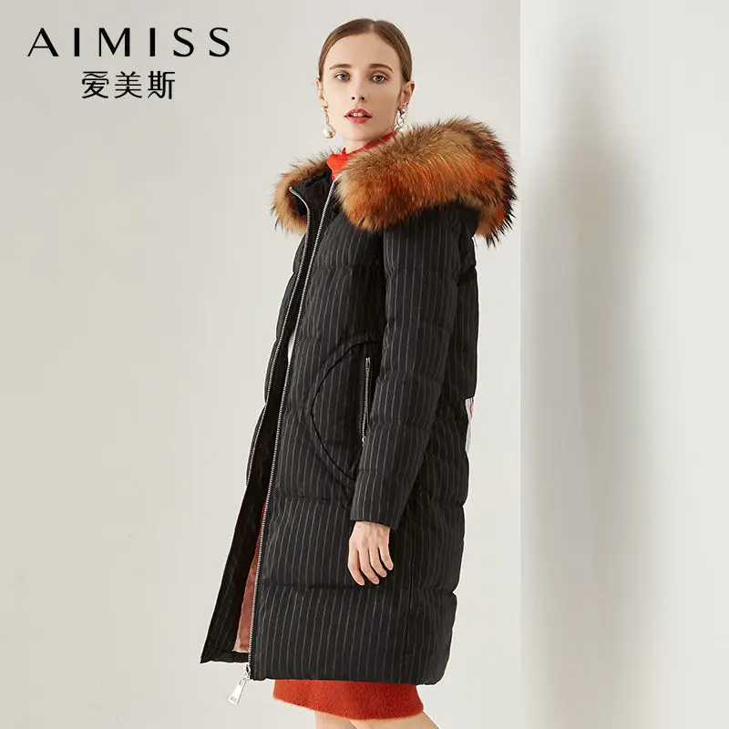 AIMISS/ пуховик очень плотная теплая черная длинная Кофта свободного кроя с натуральным пером
