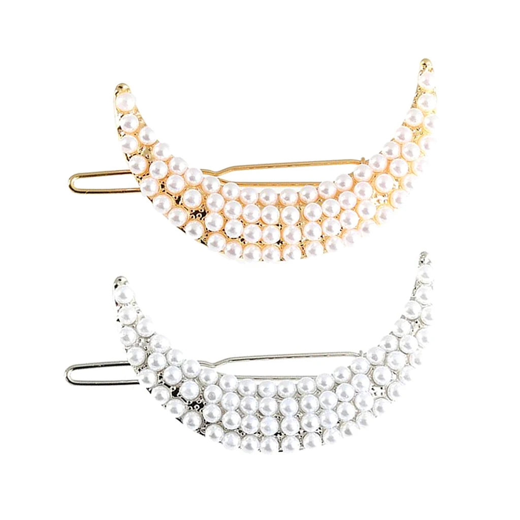 2Pieces Women Ladies Charm Moon Shape Hairpin Pearls Hairclip Headwear
