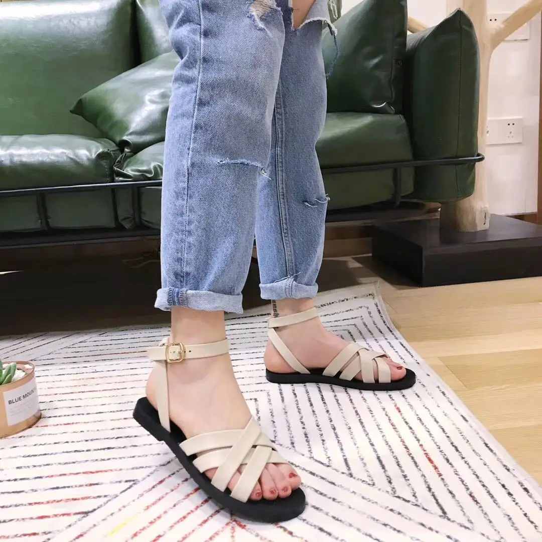 

Roman Style Sandals 2018 New Style Student Korean-style Peep-Toe Cross Buckle Flat Heel Simple Solid Color Retro WOMEN'S Shoes