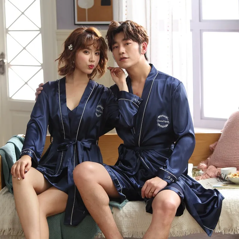 Summer Lovers Men Silky Rayon Robe Night Suit Wedding Luxurious Sleepwear Kimono Yukata Bath Gown Lounge Sleep Shirt Couples Set