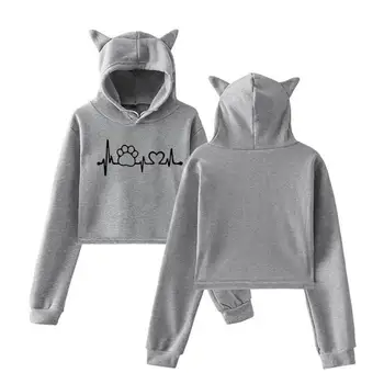 

For Women Short Cat Ear CAT PAW Letters Print Femmes Hoodies Tops Casual Funny Cute Pockets
