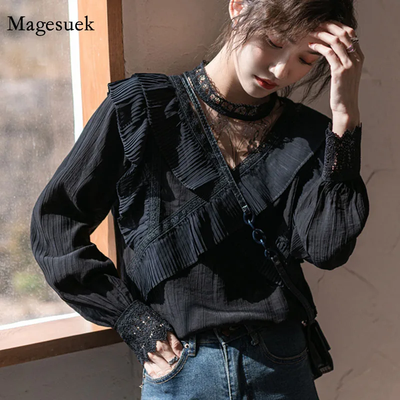 

Spring Stand Collar Women's Shirts Elegant Mesh Stitching Ruffle Blouse with Lace Long Sleeve Hollow Flower Tops Blusas 16801