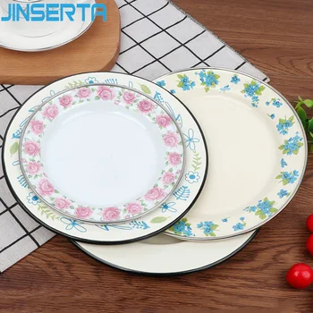 

JINSERTA Enamel Printing Storage Tray Round Dessert Fruit Snack Nuts Plate Home Restaurant Desktop Food Serving Tray