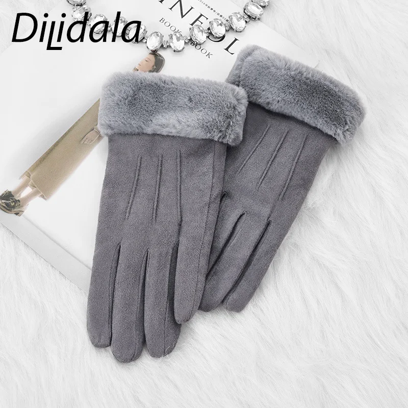 Dilidala женские зимние замшевые теплые одноцветные перчатки плюс бархатные толстые теплые студенческие перчатки для вождения с сенсорным экраном