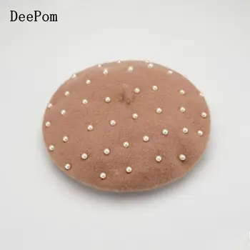 

DeePom Wool Beret Vintage Warm Wool Winter Women Beret Full Pearl Beads French Artist Beanie Hat Cap Girl Spring And Autumn Hats