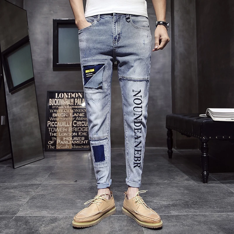 Mannen режим Винтаж Рваные джинсы облегающие скини молния джинсовые Broek Vernietigd Verzwakte Broek краткое Afdrukken Broek джинсы Hombre