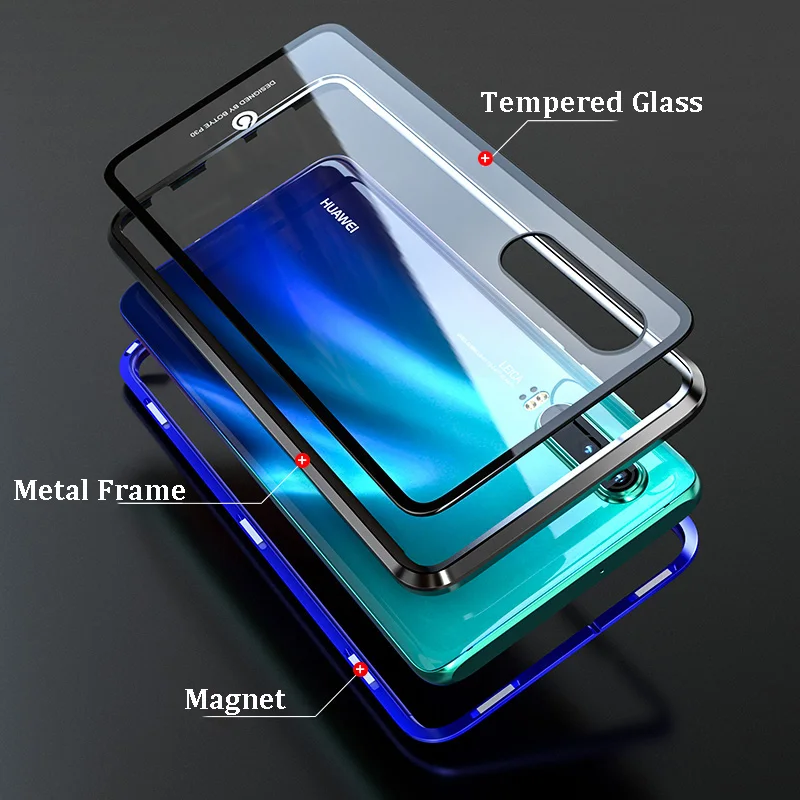 Магнитный металлический чехол для huawei P30 Pro прозрачный роскошный из закаленного