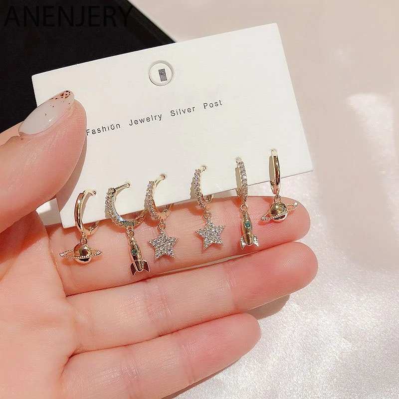 ANENJERY 925 пробы серебряные серьги 6 шт. наборы жемчужная мозаика циркон самолет звезда Луна и Вселенная кольца