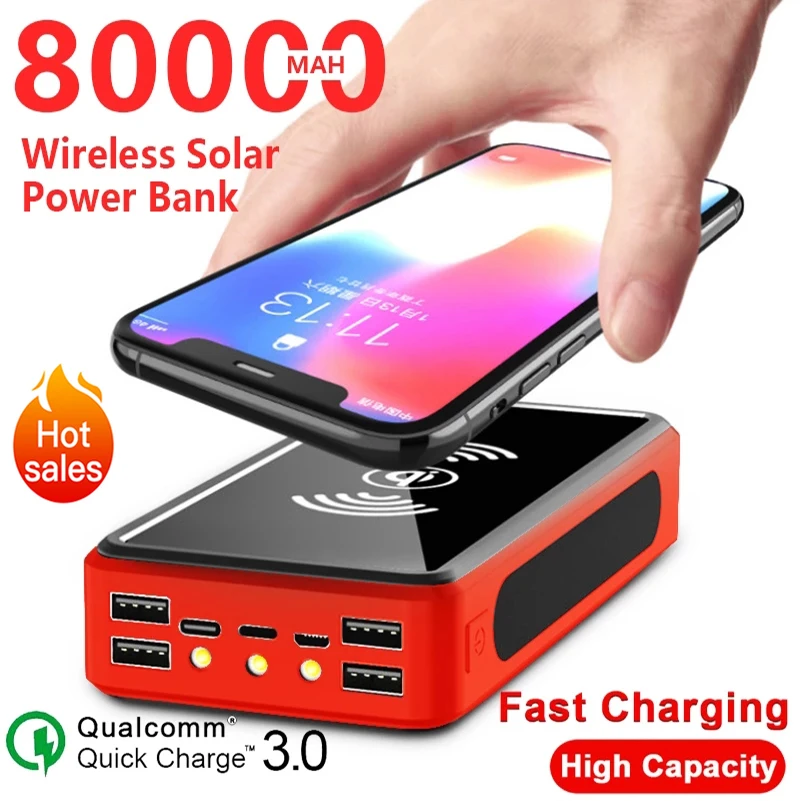 80000mAh QI Solar Wireless Quick Charger Power Bank Outdoor Portable Power Bank External Battery for Xiaomi Mi Samsung IPhone 65w power bank