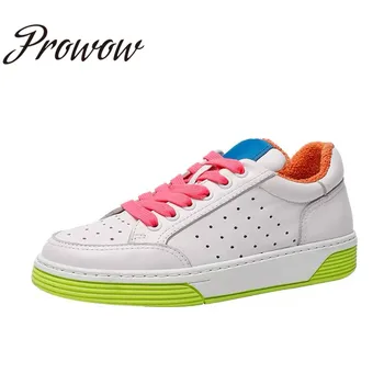 

Prowow New Genuine Leather Round Toe Casual Flats woman shoes Breathable Runway Fashion Flats Shoes Women Zapatos Mujer