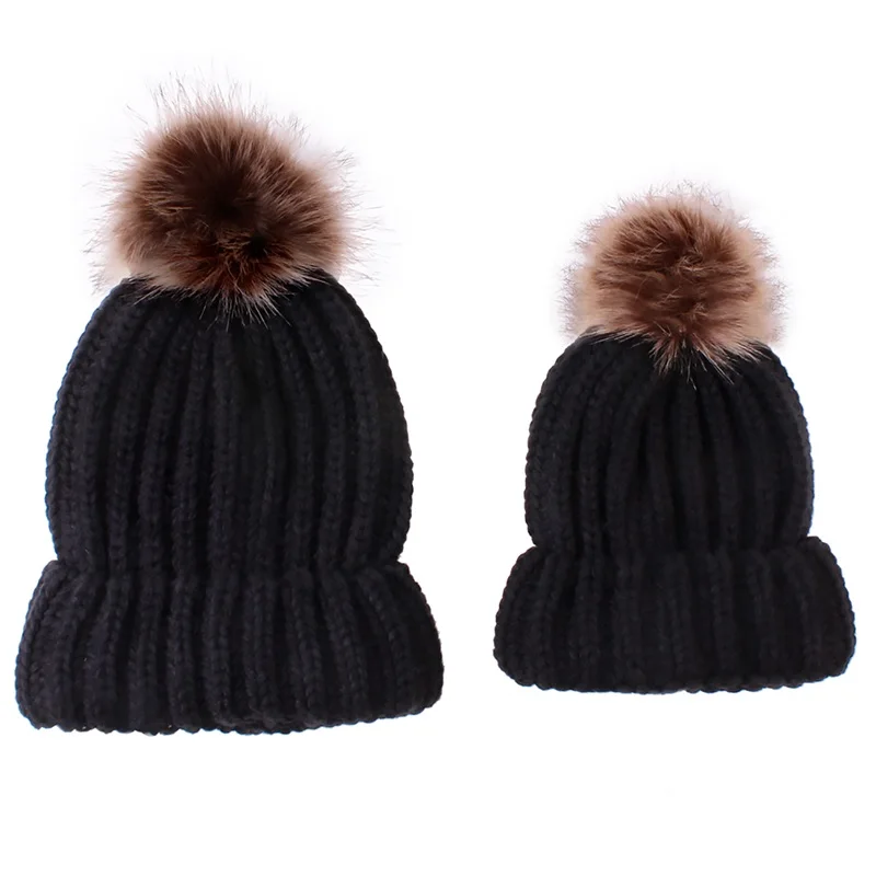 Модная женская шапка, детская теплая шапка для женщин, вязаная детская шапка с помпоном, шапка для родителей и ребенка, зимние шапочки, аксессуары - Цвет: black