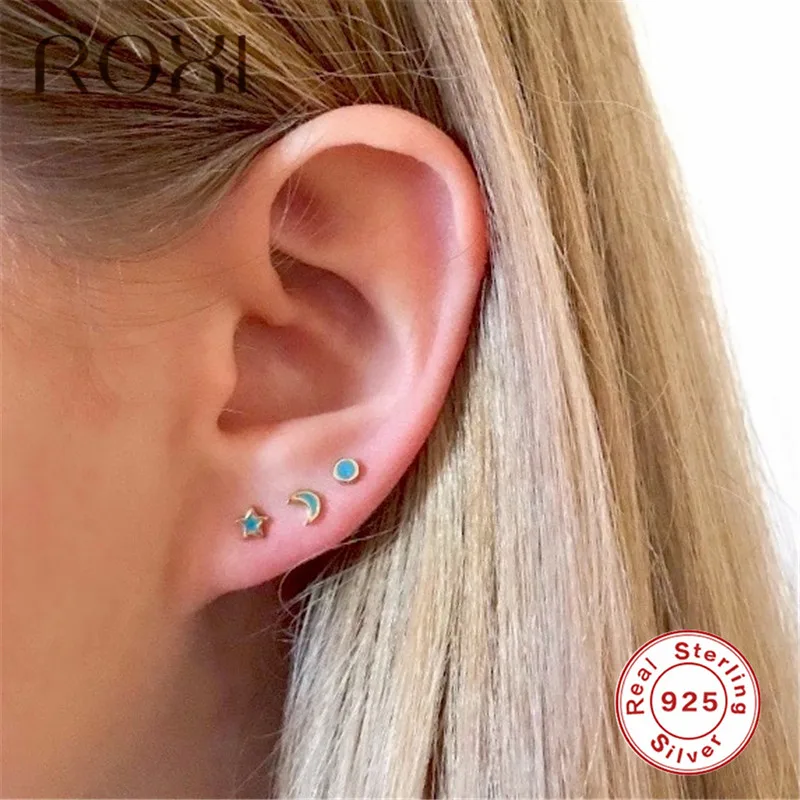 ROXI 925 пробы, серебряные серьги-гвоздики с Луной и звездой для женщин, милые мини крошечные серьги с капающей масляной звездой, корейские модные ювелирные изделия, подарок