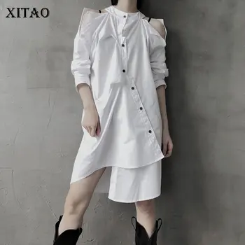 

XITAO Tide Plus Size Irregular White Dress Women Clothes 2020 Spring New Loose Fashion Minority Dress Stand Collar Casual XJ3962