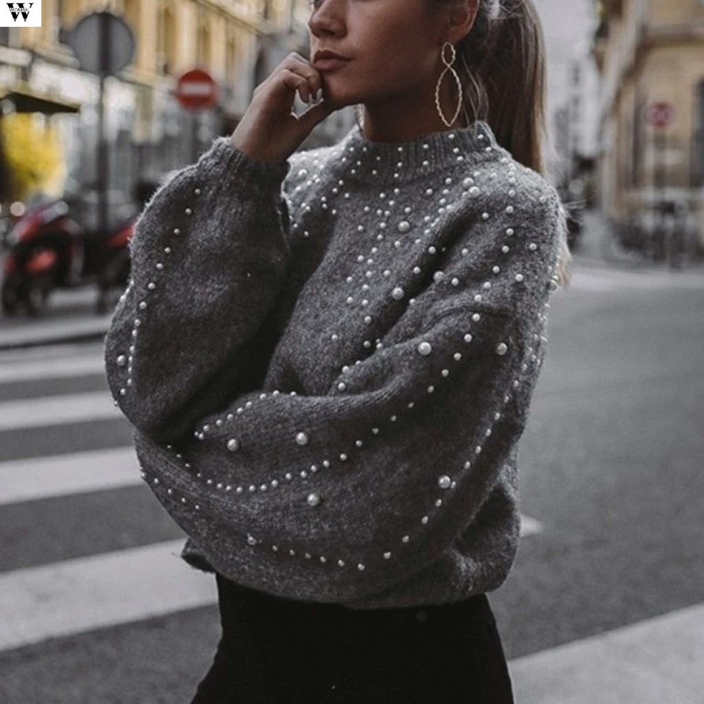 Femme 2019 зима-осень вязаный свитер большого размера для женщин рукав-фонарик бисер