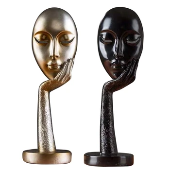 

2Pcs Modern Human Meditators Abstract Lady Face Resin Statues Sculpture Crafts Figurine Home Decorative - Silver & Black