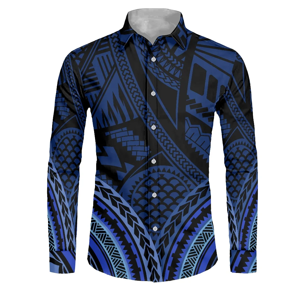 Cool Mens Long Sleeve Shirt Personality Street Apparel Polynesian Tradition Tribal Design Mens Slim Long Sleeve Shirt