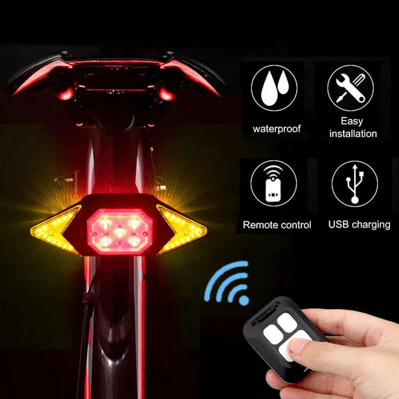 Smart Bike Light Wireless Remote Control Cycling Turning Signal Taillight USB Bicycle Rechargeable Rear Light LED Warning Lamp