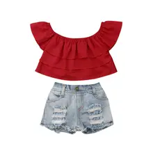 Комплект из 2 предметов для маленьких девочек; летние топы с открытыми плечами и оборками; укороченные штаны; Милая уличная одежда; От 1 до 6 лет