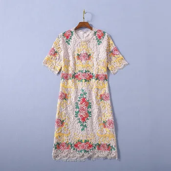 

European and American women's dress 2020 summer new styles Flowers embroidered lace five-minute sleeves Fashionable dress