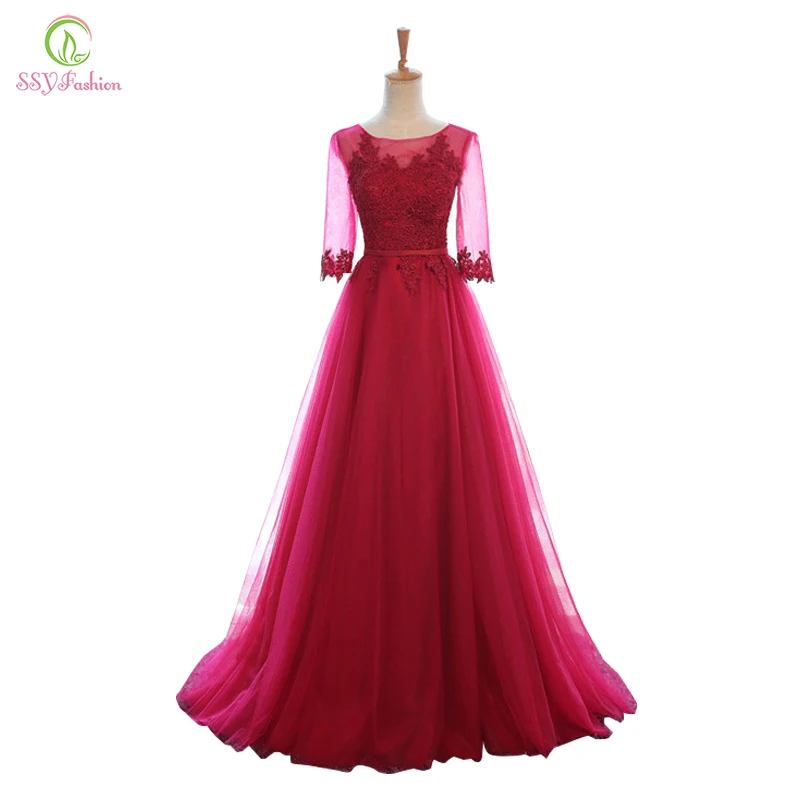 Clearance SSYFashion Long Wine Red Evening Dress Elegant Lace Appliques A-line Half Sleeves Formal Party Gowns Robe De Soiree | Свадьбы и