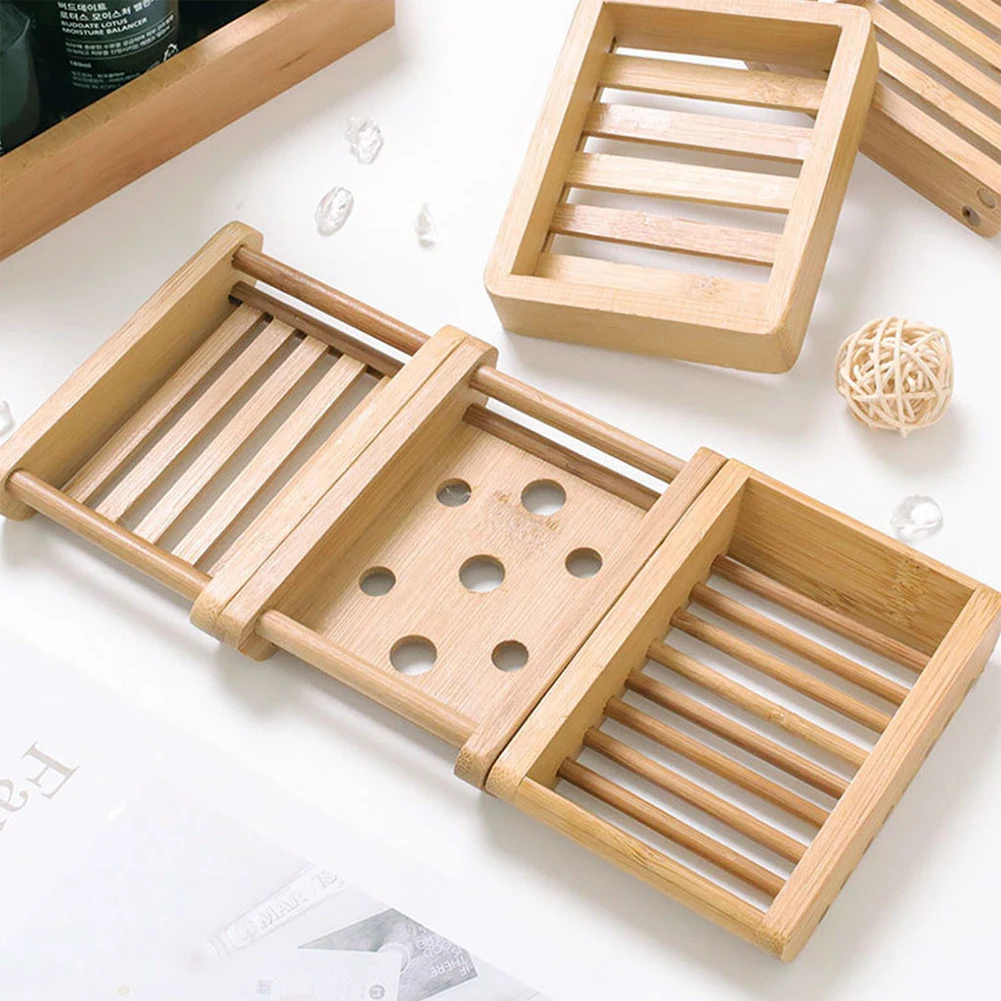 1 Pcs Bamboo Platane Wood Soap Dish Bathroom Shower Corrugat Tray Holder Rack 