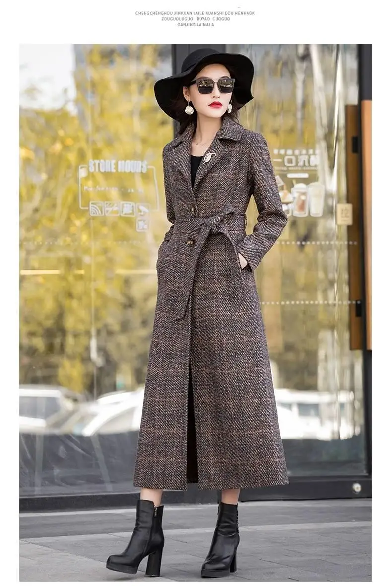 New Autumn Winter Woman Vintage Slim X-Long Plaid Sashes Wool Blend Coat Female Woolen Outwear Abrigos Mujer Invierno R299
