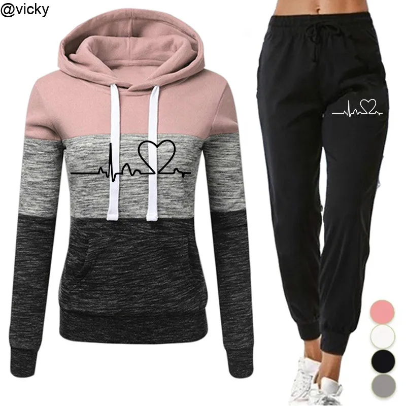 

2 Pieces Set Winter Hoodies+Pants Set Women Tracksuit Patchwork Pullover Sweatshirt Female Sport Suit Outfits for Woman Clothing