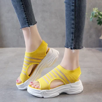 

Rimocy Yellow Stripe Platform Wedge Sandals Women 2020 Summer Knitted Hollow Out Mesh Casual Shoes Woman Chunky Beach Sandalias