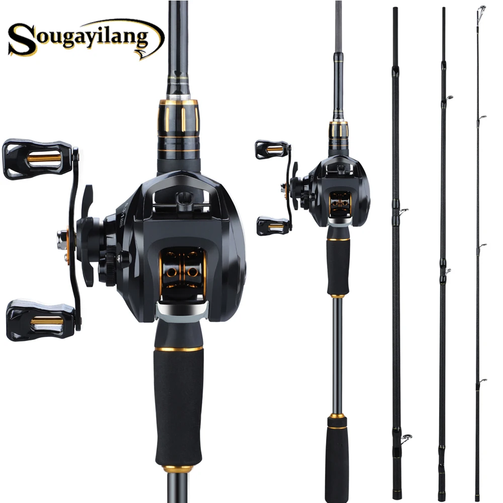 Sougayilang 2.1m Fishing Pole and Baitcasting Reel Combo Carbon 4 Sections Sea Spinning Lure Rod and Casting Fishing Wheels Set