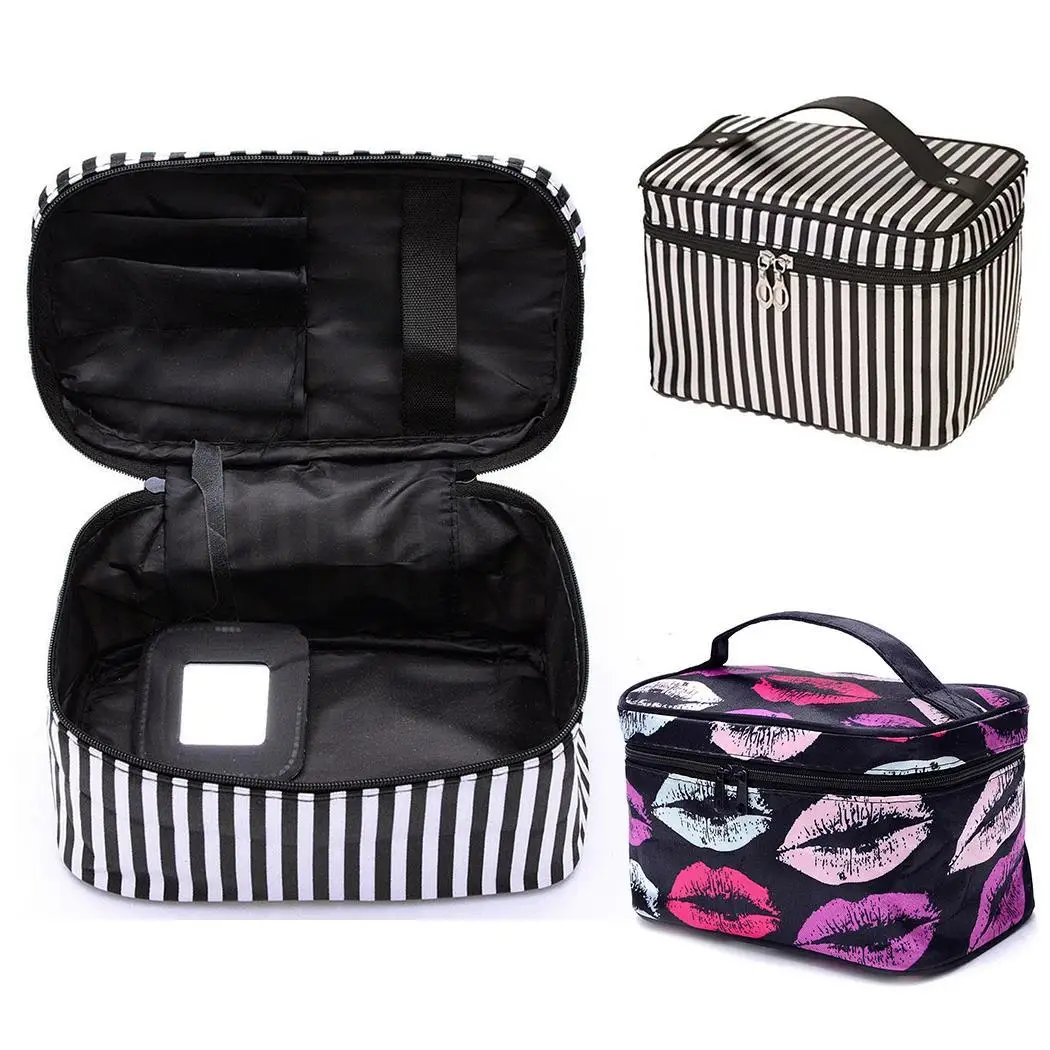 Women Fashion Lips Stripes Large Capacity Zipper Lips, Black White/Purple Black Makeup Storage Bag