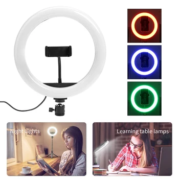 

Desktop 10 8 inch RGB LED Selfie Ring Light Phone Clip Video Photography Ring Lamp for Youtube Live Streaming Makeup Ring Light
