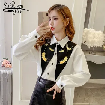 

women blouses shirt female long sleeve wheat ear embroidery simple color matching shirt temperament shirt women shirts 7795 50