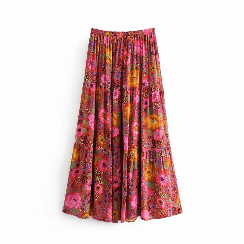 

2019 Spring And Summer New Style Europe And America Seaside Vacation Style Little Daisy Printed Waist Belt Big Hemline Skirt Lon