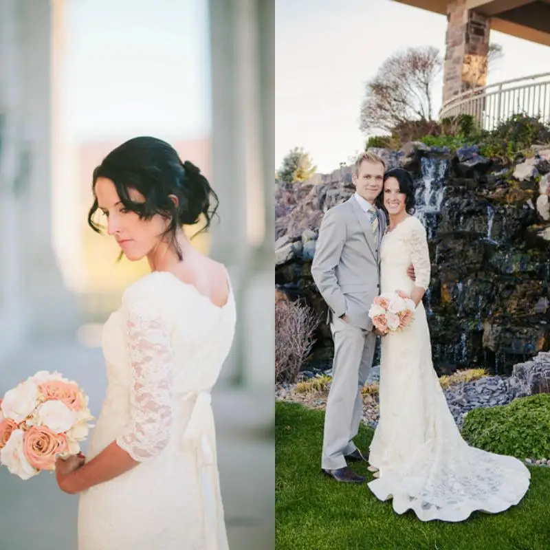 

Elegant Scoop Bow Lace Mermaid Modest bridal gown with Half Sleeves Sweep Train Illusion Garden mother of the bride dresses