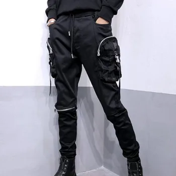 

Outono preto hip hop punk harem calças com grandes bolsos fitas coreano masculino magro ajuste elástico joggers calças de carga