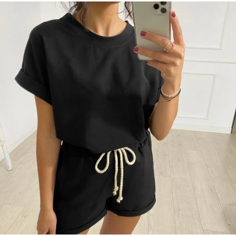 matching top and trousers set Solid Summer Women's Suit Two Pieces Tracksuit Short Sleeve Sports Suits Women 2021 Casual Tracksuits Elastic Waist Lady Set cute two piece sets