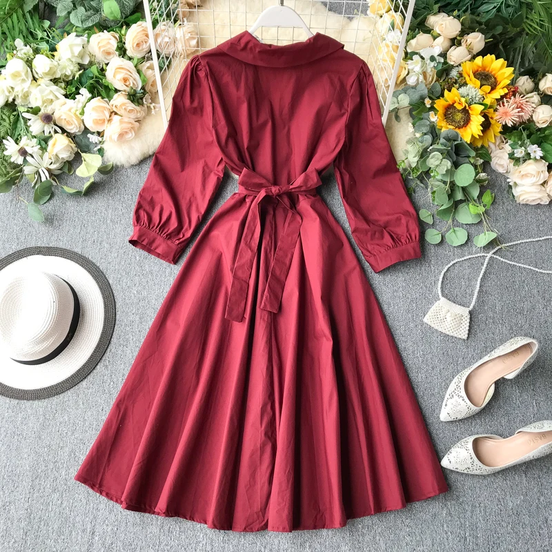 Foamlina Casual Autumn Dress Women Peter Pan Collar 3/4 Sleeve Bowtie Sash Elegant Ladies Work Party Flare Dress Robe Femme