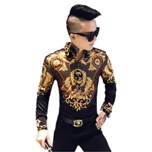 Арабская Роскошная рубашка с золотым принтом черного и золотого цвета в стиле ретро, с длинным рукавом, с рисунком, высокое качество, вечерние, для ночного клуба, для юного джентльмена, уличная блузка