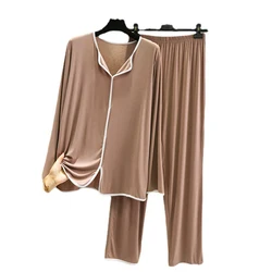 SAPJON Pajamas for Women Modal Cotton Long Sleeve and Pants Pyjamas Ladies Thin Solid Pijamas Simple Style Loose Sleepwear